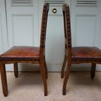 Set Van 6 Eiken Art Deco Eetkamerstoelen In Bruin Leer thumbnail 10