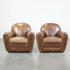 Set Van 2 Zeer Comfortabele Karaktervolle Generfde Rundleren Armchairs Met Een Tijdloos Design En thumbnail 2