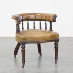 Antieke Engelse Rundleren Fauteuil/ Bureaustoel Gecombineerd Met Hout Op Originele Wieltjes Met E thumbnail 2