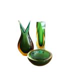 Vintage Murano Schaaltje Groen Met Amber, Italy Jaren '60 thumbnail 4