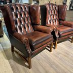 2 X Engelse Xl Chesterfield Oorfauteuils In Darkrust / Rood Bruin Leer Georgian thumbnail 4