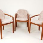 3 Vintage Deense Teakhouten Stoelen Roze Ribstof Nieuwe Stof thumbnail 5