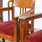 Set Van 4 Art Nouveau/ Jugendstil Design Schuitema Eetkamerstoelen Met Rode Stoffen Bekleding thumbnail 17