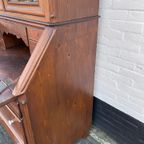 2delig Donker Grenen Secretaire/ Ladenkast/ Vitrinekast/boekenkast 225 Cm Hoog thumbnail 10
