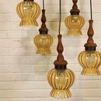 Vintage Grote Cascade Hanglamp Met 5 Glas En Hout Lampen thumbnail 2