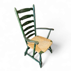 Vintage Transparent Green Wooden Arm Chair / Rush Seat / High Back Ladder Chair thumbnail 14
