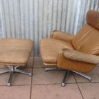 Mid-Century Vintage Cognac Leren Lounge Draai Fauteuil Met Voetenbank, Jaren 70 thumbnail 11