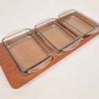 Vintage Digsmed Deense Teak Tray 3 Glazen Schaal Snack Set thumbnail 5