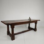 Massief Engelse Eikenhouten Eettafel – 20e Eeuw Met Prachtige Nerf En Patina thumbnail 2