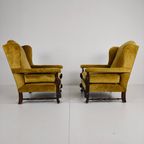 Paar 19e-eeuwse Gesneden Notenhouten Fauteuils – Bloemmotieven – Fluwelen Bekleding thumbnail 7
