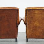 Set Van 2 Grote, Stoere En Comfortabele Vintage Cognac-kleurige Schapenleren Fauteuils/armchairs thumbnail 4