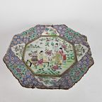 Porselein - Wandbord - Famille Rose - Octagon - 19E Eeuw thumbnail 3