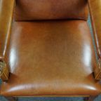 Statige Antieke Hollandse Fauteuil Met Leeuwenkoppen Opnieuw Bekleed Met Cognac Kleurig Rundleer thumbnail 7