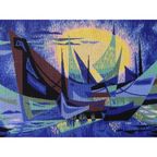 Geweven Vintage Schilderij Met Voorstelling Van Boten, Getiteld: Les Barques thumbnail 3