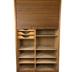 Vintage Teak Tambour Office Cabinet | Roldeurkast Hout Lades thumbnail 5