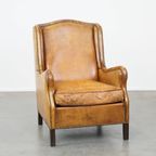 Comfortabele En Cognac-Kleurige Vintage Schapenleren Fauteuil Met Een Hoge Rug thumbnail 2
