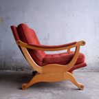 Pair Of Red Fabric And Wooden Club Chairs With Soft Lined Design. thumbnail 11