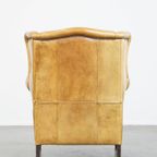 Comfortabele, Charmante, Licht Gekleurde Vintage Engelse Stijl Rundleren Oorfauteuil + Hocker thumbnail 6