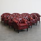 Unieke Set Van 10 Mooie Engelse Rundleren Chesterfield Clubfauteuils In Een Gevlamde Rode Kleur thumbnail 15