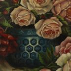 Groot Bloemen Stilleven Schilderij Rozen Boeket Gesigneerd R. Blanlin thumbnail 11