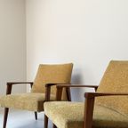 Twee Vintage Fauteuils Met Teak Houten Frame En Gele Bekleding thumbnail 4