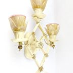 Vintage Cast Iron Wall Lamp Met Bloemenglazen Tinten, Mid Century Sconce, Wrought Iron thumbnail 6