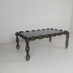 Vintage Brutalistische Zwarte Ijzeren Kettingschakel Salontafel Met Origineel Gerookt Glas, Jaren 70 thumbnail 11