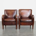 Karaktervolle Set Van 2 Schapenleren Fauteuils/ Armchairs Met Een Mooi Patina En Warme Kleuren thumbnail 9