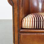 Karaktervolle, Vintage Cognac-Kleurige Clubfauteuil Gemaakt Van Schapenleer thumbnail 14