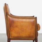 Mooie Cognac Kleurige Schapenleren Art Deco Design Fauteuil/ Armchair Gecombineerd Met Hout thumbnail 12