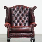 Grote Rode Engelse Chesterfield Oorfauteuil Gemaakt Van Dik Rundleer Met Queen Anne Pootjes thumbnail 3