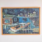 Vintage Schilderij Boot Havenzicht Op Doek ‘60 Mid Century thumbnail 4