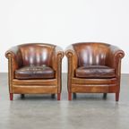 Set Van 2 Tijdloze En Stoere Cognac-kleurige Schapenleren Clubfauteuils Met Een Correcte Afwerkin thumbnail 12