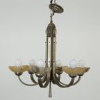 Luxe Antieke Messing Art Deco Kroonluchter Met Albasten Kuipjes Uit Begin 1900 thumbnail 2