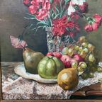 Antiek Schilderij “Stilleven Met Bloemen En Vruchten”. thumbnail 6