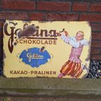 Antiek Emaille Gebold Bord Van Goldina-Chocolade Uit 1915. thumbnail 2