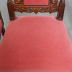 Leuke Antieke Set Van 4 Hollandse Eetkamerstoelen Met Mooi Houtsnijwerk En Rode Stoffen Bekleding thumbnail 7