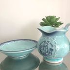 Prachtige Vintage Japanse Melkkannetje Met Schotel In Blauw Turquoise thumbnail 6