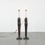 Set Van 2 Prachtige Unieke Handgesneden Antieke Houten Staande Lampen Met Leeuwenkoppen thumbnail 2