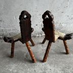 Mid-Century 3-Legged Stool With Backrest In Wood With Black-Brown Cowhide Seat, 1950S thumbnail 11