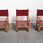 Brutalist Vintage Massief Eiken Stoel Arts & Crafts Leer thumbnail 12