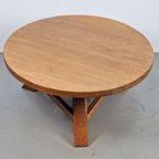 Brutalist Rond Massief Eiken Salontafel 1960 Tripod Vintage thumbnail 5