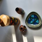 Mid-Century Pattern Vetrata Vases And Bowls By Aldo Londi For Bitossi Italy. Black, Blue, Orange thumbnail 13