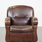Royale En In Goede Staat Verkerende Donkere Schapenleren Fauteuil/armchair Met Ronde Vormen thumbnail 3