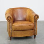 Karaktervolle, Charmante Vintage Schapenleren Clubfauteuil In Een Mooie Lichte Cognac Kleur thumbnail 3