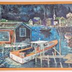 Vintage Schilderij Boot Havenzicht Op Doek ‘60 Mid Century thumbnail 2