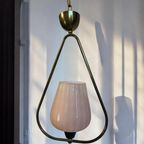 Vintage Jaren 50 Hanglamp: Messing & Zalmroze Opaline thumbnail 3