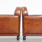 Unieke En Complete Set Van Twee Cognac Kleurige, Schapenleren Art Deco Fauteuils En Bank thumbnail 14