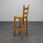 Set Of 4 Bar Stools In Solid Oak And Rattan, 1970s thumbnail 7
