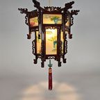 Chinese Lantaarn Chandelier - Rozen Hout - Gedecoreerd Glas - 2E Helft 20E Eeuw thumbnail 8